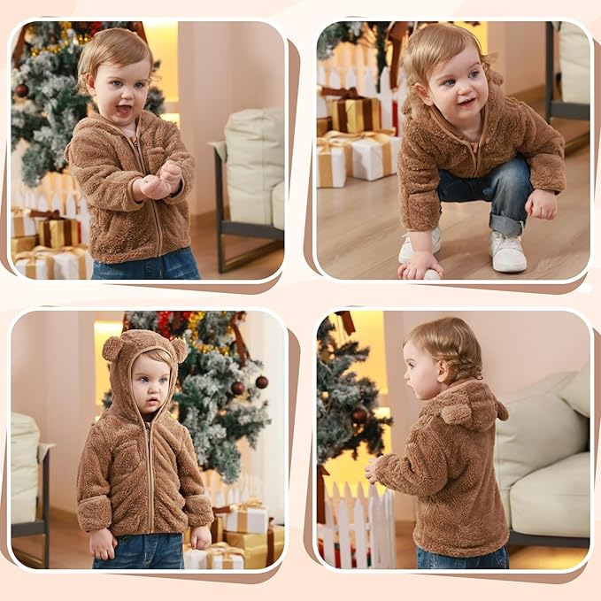 Baby Infant Boys Girls Winter Coat with Fold-Over Mittens Fleece Outwear Jacket Warm Clothes Bear Hooded