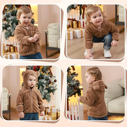 Baby Infant Boys Girls Winter Coat with Fold-Over Mittens Fleece Outwear Jacket Warm Clothes Bear Hooded
