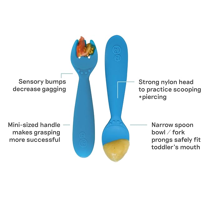 ezpz Mini Utensils - 12 Months+ (Fork & Spoon in Blue) - 100% BPA Free Fork and Spoon - Toddler Utensils - Designed by a Pediatric Feeding Specialist