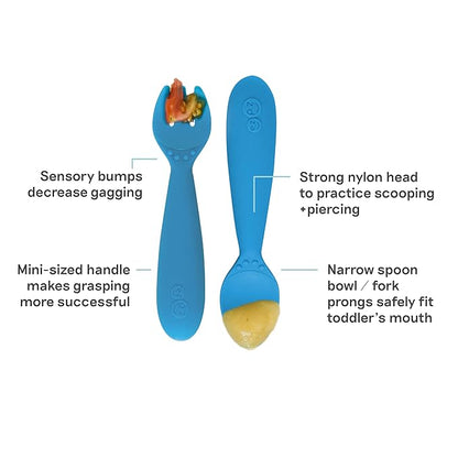 ezpz Mini Utensils - 12 Months+ (Fork & Spoon in Blue) - 100% BPA Free Fork and Spoon - Toddler Utensils - Designed by a Pediatric Feeding Specialist