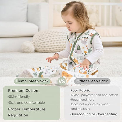 Baby Sleep Sack 6-12 months, 100% Cotton Sleeping Sack for Newborn and Infant, 3 Pack Baby Wearable Blanket for Boy and Girl, 0.5 Tog Lightweight Double Zipper Sleep Bag Green Brown Giraffe