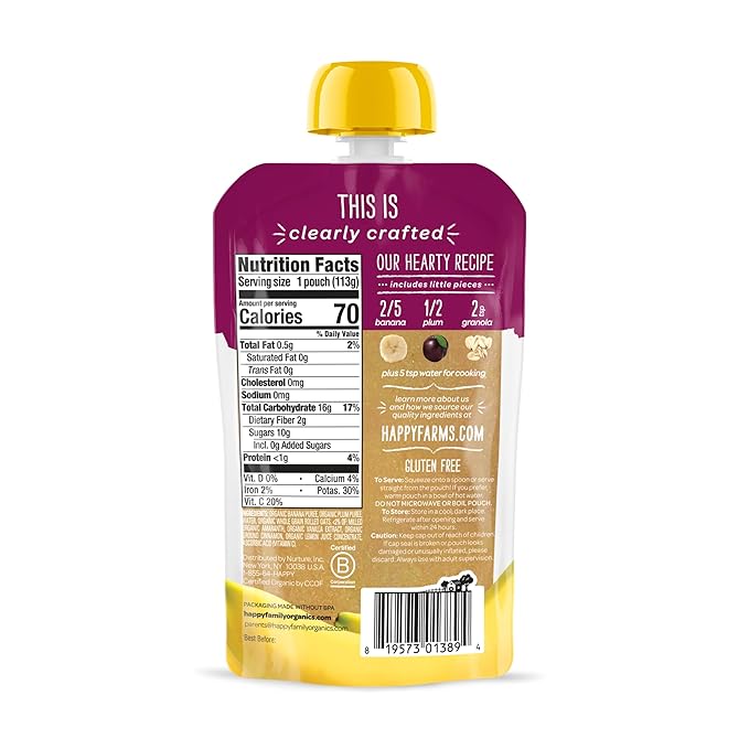 Happy Baby Organics Stage 2 Baby Food Pouches, Gluten Free, Vegan & Healthy Snack, Clearly Crafted Fruit & Veggie Puree, Apples, Bananas, Plums & Granola, 4 Ounces (Pack of 16)