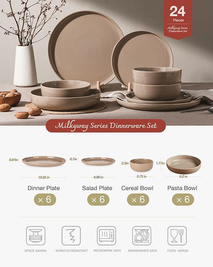 Famiware Milkyway Stoneware Dinnerware Sets with Pasta Bowls, Service for 6 (24 Pieces), Plates and Bowls Sets -Scratch Resistant, Microwave and Dishwasher Safe Dishes Set, Cinnamon Brown