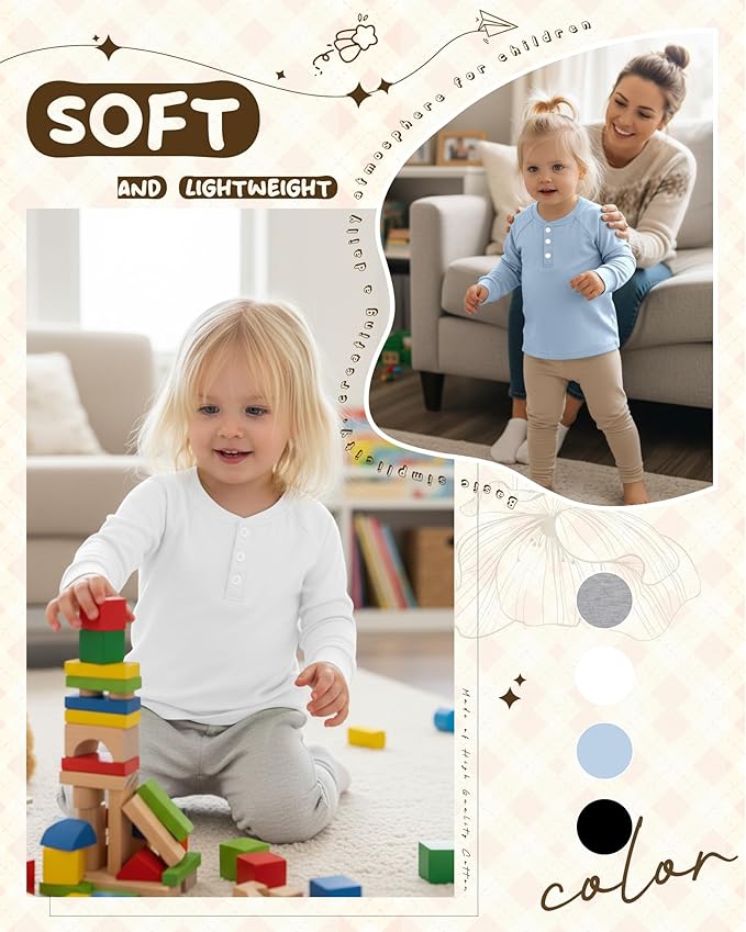 4 Pack Boys' Long Sleeve Shirts Girls' Henley Tees Toddler Baby Knit Casual Tops Kids Fall Clothes Unisex