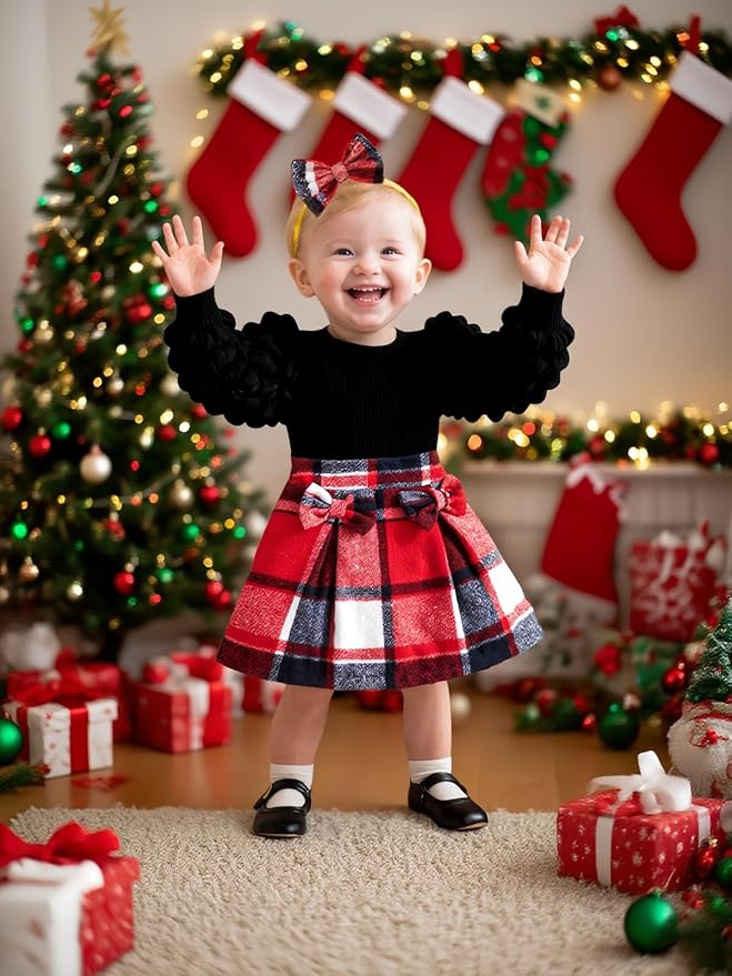 Toddler Baby Girl Plaid Dress Puff Sleeve Bow Patchwork Ribbed Shirts Dress Plaid Fall Winter Outfits with Headband
