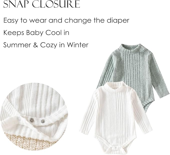 DEFAHN Baby Turtleneck Bodysuit Long Sleeve Boy Girl Ribbed Knit Jumpsuit Outfit 2 Pack Baby Solid Onsies 0-24 Months