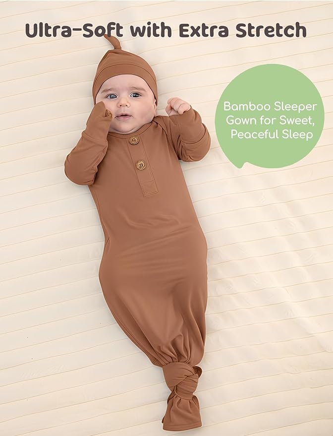 PATPAT Baby Sleeper Gown with Bamboo Viscose for Newborn Girls Boys, Knotted Nightgown with Mittens for Infant Home Coming