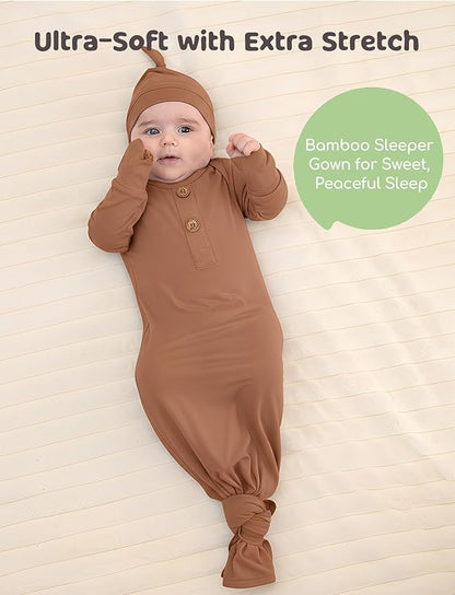 PATPAT Baby Sleeper Gown with Bamboo Viscose for Newborn Girls Boys, Knotted Nightgown with Mittens for Infant Home Coming