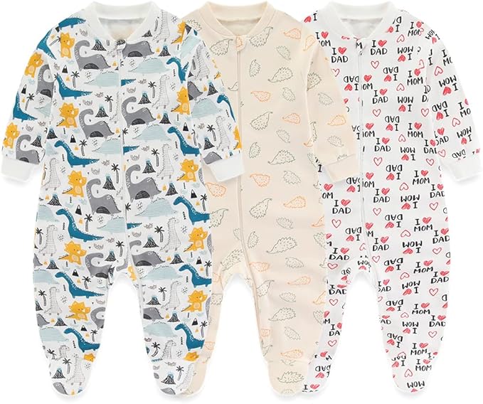 Newborn Baby 2-way Zipper Romper Cotton One-piece Jumsuit 3-pack, 0-24 Months