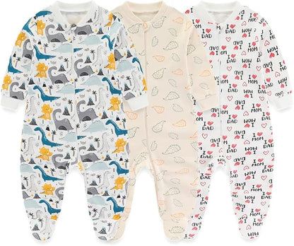 Newborn Baby 2-way Zipper Romper Cotton One-piece Jumsuit 3-pack, 0-24 Months
