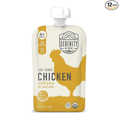Serenity Kids 6+ Months Baby Food Chicken Pouch Puree - Protein-Rich Toddler Food Pack - No Added Sugar Baby Meals - Organic Chicken & Veggie Puree Pouch - 3.5 Oz, 12 Pack