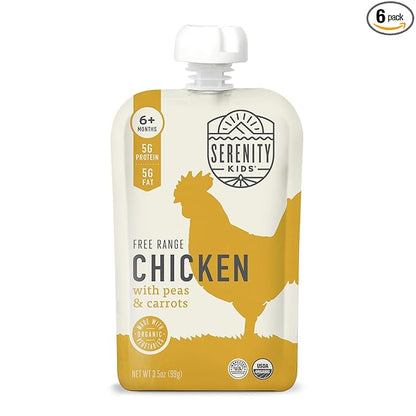 Serenity Kids 6+ Months Chicken Puree Baby Food Pouches - No Added Sugar Organic Baby Puree - Free-Range Chicken & Pea & Carrot - 3.5 Oz, Pack of 6