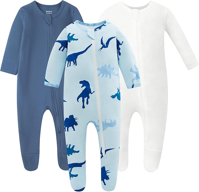 Owlivia Organic Cotton Baby Pajamas, Boys Girls 3-Pack Zip Front Sleep 'N Play, Footed Sleeper, Long Sleeve
