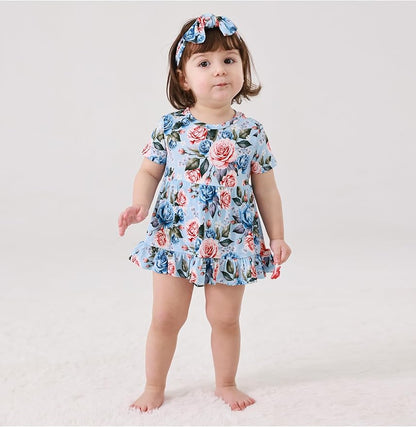 Infant Baby Girl Bodysuit Dress with Hairband Set, Bamboo Viscose Summer Clothes Outfit