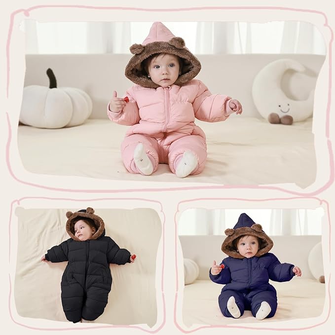 Baby Boys Girls Snowsuit Winter Clothes Suit Hooded Jumpsuit Romper Bear Outfit Infant Warm Coat Outwear Overcoat