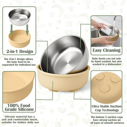 Mity rain Stainless Steel & Silicone Bowls for Baby - 4-Piece Suction Plates & Bowls for Toddlers,Removable Silicone Shell,Non-Slip Baby Food Bowl with Unbreakable Design (Baby Bowls with Suction)