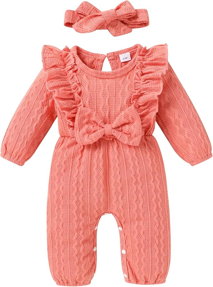 Happy Town Baby Girl Romper Infant Fall Winter Clothes Ruffle Sweater Long Sleeve Bodysuit Jumpsuit and Headband