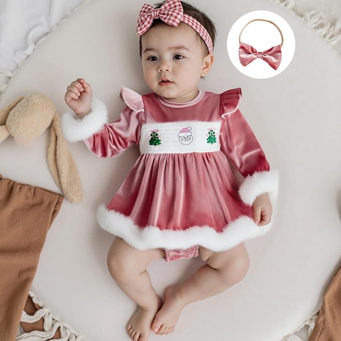 Hnyenmcko Newborn Baby Girl Christmas Clothes Infant Red Plaid Romper Dress Ruffle Long Sleeve Ribbed Bodysuit Headband Set