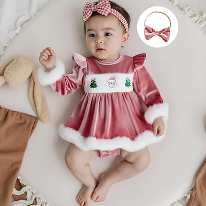 Hnyenmcko Newborn Baby Girl Christmas Clothes Infant Red Plaid Romper Dress Ruffle Long Sleeve Ribbed Bodysuit Headband Set