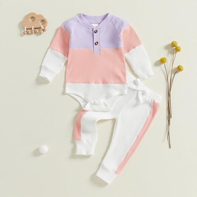 Thorn Tree Newborn Infant Baby Girl Clothes Ribbed Knitted Long Sleeve Romper Long Pants Stretchy Fall Outfits
