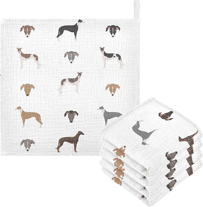 vvfelixl English Greyhound Dogs Baby Burp Cloths Baby Muslin Washcloths for Boys Girls Cotton Baby Face Towel for Newborn Infants Soft and Absorbent 11.8 X 11.8 in, 5 Pack