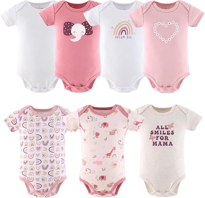 The Peanutshell Baby Girl Short Sleeve Bodysuits - 100% Cotton Infant Outfits, 0-24 Months - Rainbow Safari