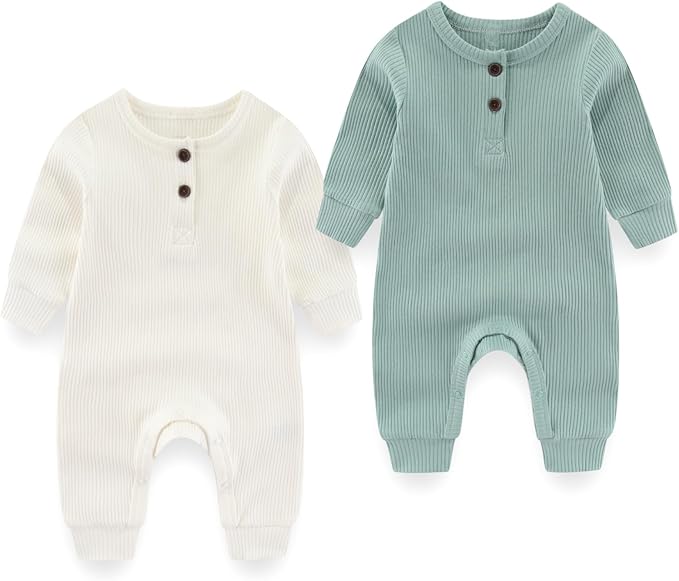 Baby Boy Girl Romper 2 Pack Long Sleeve Button Jumpsuit Cotton Unisex Infant Baby Clothes for 0-24 Months
