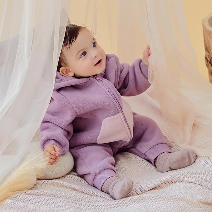 DAVE&BELLA Animal Jumpsuit for Baby Boy Girl, Hooded Winter One-Piece Romper Zip Up Fleece Infant Bodysuit with Snap Closure