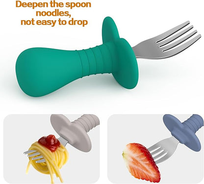 Baby Fork Toddler Forks for Self Feeding, Kids Forks with Silicone Round Handle, Stainless Steel Toddler Utensils Children Safe Silverware Set, Anti-Choke Design, BPA Free - Pink