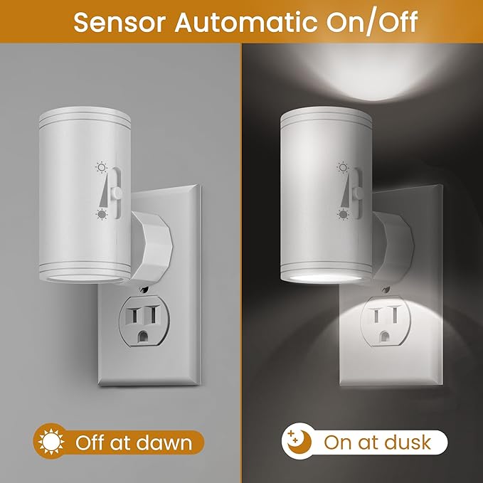 4 Pack LED Wall Plug-in Night Light with Dusk to Dawn Sensor, 5000K Daylight White, Dimmable 0-300LM, Adjustable Rotating Lamp for Bedroom, Bathroom, Kitchen, Hallway (Auto On/Off, Wall Outlet)