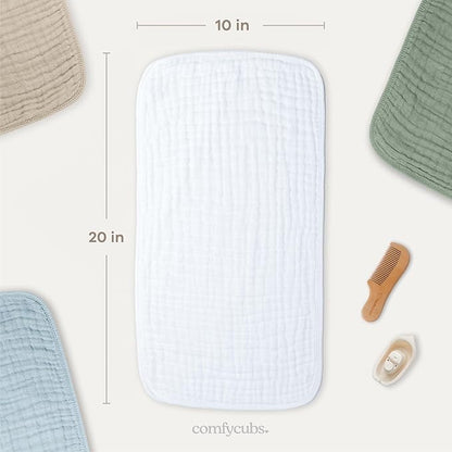 Comfy Cubs Muslin Burp Cloths 20" x 10", Pack of 10 - Large, 6-Layer, Ultra Absorbent 100% Cotton for Baby Drool and Messes - Soft, Safe & Gentle Baby Burp Cloths for Boys & Girls - White