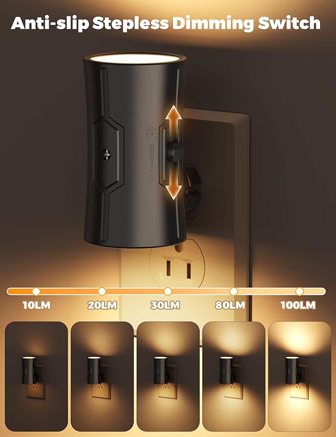 Night Light, 2-Pack Dimmable Plug-in Night Light with 90°Rotatable Plug, 0-100LM Adjustable Brightness, 3000K Warm White, 1W Ultra Low Energy for Bedroom, Hallway, Bathroom, Kids Room