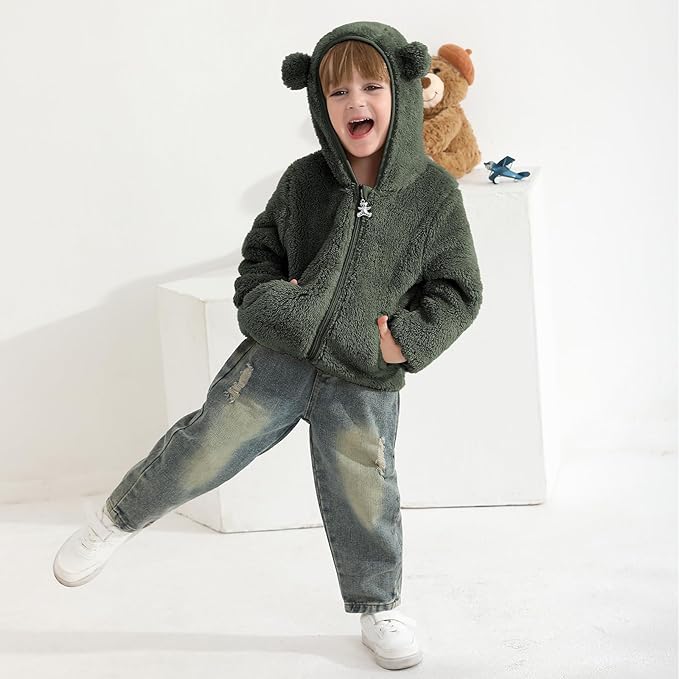 Baby Toddler Boys Girls Fleece Jacket with Hood Zip Up Cute Bear Coats for Infant Boys Girls Fuzzy Jacket with Ear 1-5T