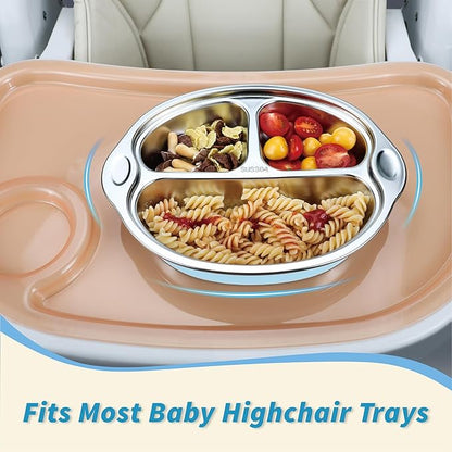 MR. CHOU Stainless Steel Baby Suction Plate, Divided Plates for Babies & Toddlers, 100% Food Grade Kids Plates for Baby Led Weaning, BPA Free Toddler Feeding Supplies, Dishwasher Safe, Blue