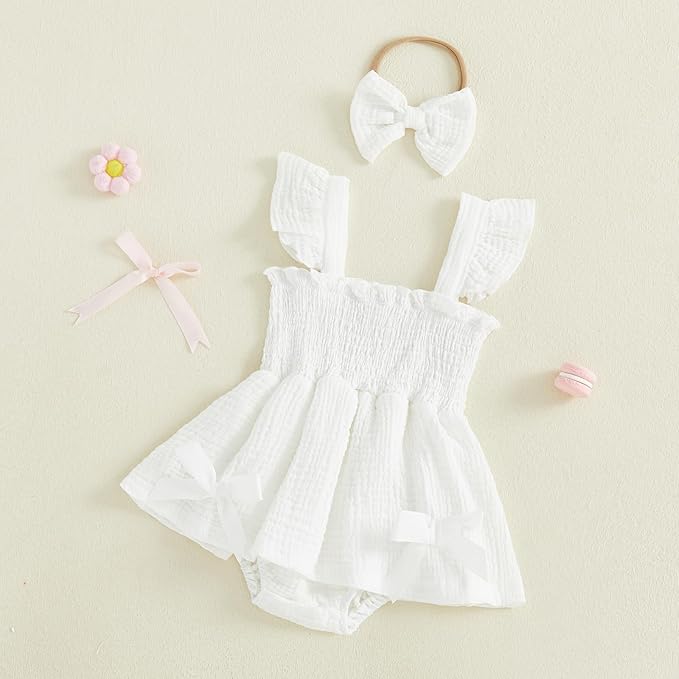 Thorn Tree Baby Girl Summer Clothes Newborn Outfit Ruffle Romper Infant Baby Dress Bow Headband Solid Cute Outfits Girls