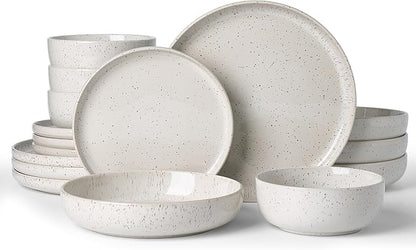 Famiware Meteor Stoneware Dinnerware Sets with Pasta Bowls, Service for 4 (16 Pieces), Plates and Bowls Sets, Microwave and Dishwasher Safe Dishes Set, Creamy White