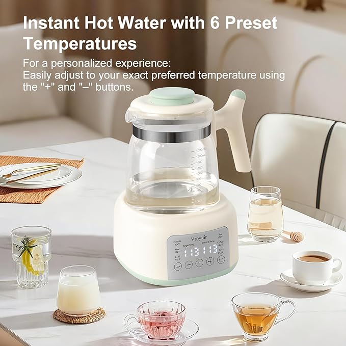 Instant Baby Water Warmer and Formula Dispenser, 1.5L Detachable Glass Tank with 6-Temp Settings, 72H Keep-Warm & Night Light, Universal for All Baby Bottles