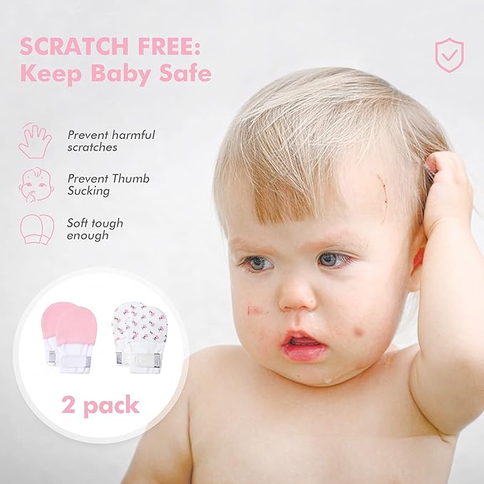 HAPIU Baby No Scratch Mittens Stay On, 100% Cotton Breathable, Adjustable Infant Gloves for Boys Girls, Newborn - 12 M