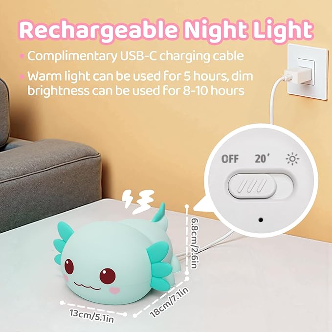 Mewaii Huggwaii Squishy Axolotl Night Light for Kids – Dimmable Silicone Axolotl Lamp, 2025 Upgraded Design, 20H Battery Life Rechargeable Lamp,Safe Sleep Aid Gift for Toddlers, Girls&Baby Room Decor