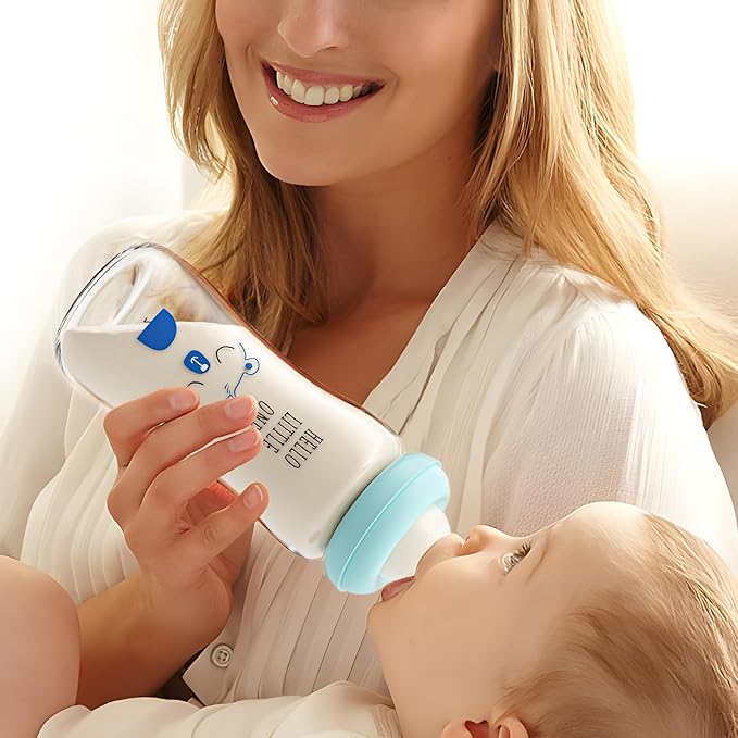 YOHKOH Natural Glass Baby Bottle with Level 2 Medium Flow Nipple, Newborn Anti-Colic Baby Bottles, Wide Neck Mushroom Baby Glass Bottle (8.8ounce (Pack of 4), Blue1)