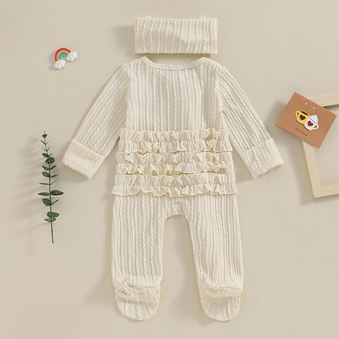 Newborn Baby Girl Fall Winter Outfits Clothes Knit Jumpsuit Ruffle Romper Newborn Coming Home Outfit for Baby Girl