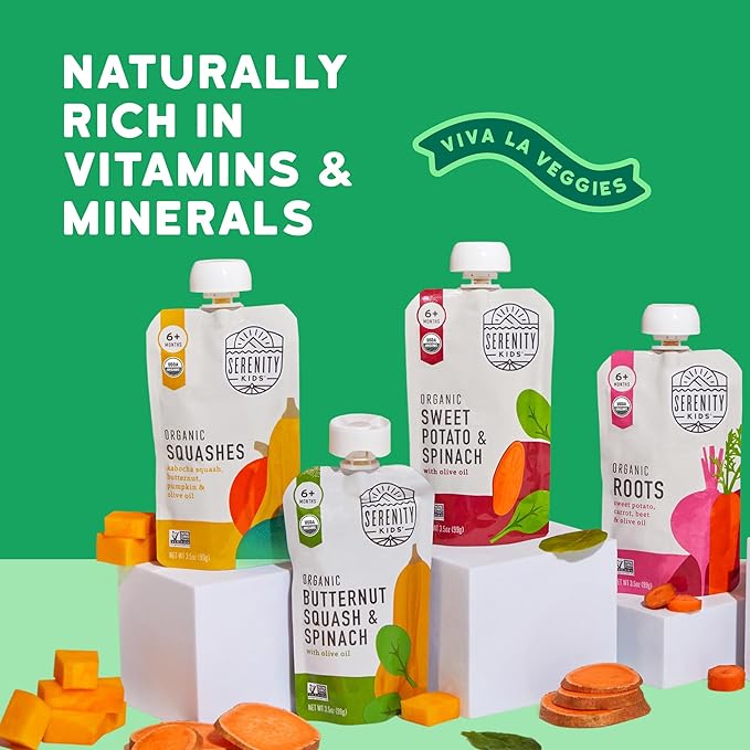 Serenity Kids 6+ Months Veggie Puree Baby Food Pouches - USDA Organic Baby Food - BPA-Free Allergen-Free Toddler Pouches - On-the-Go Toddler Meals - 3.5 Oz, 8 Pack