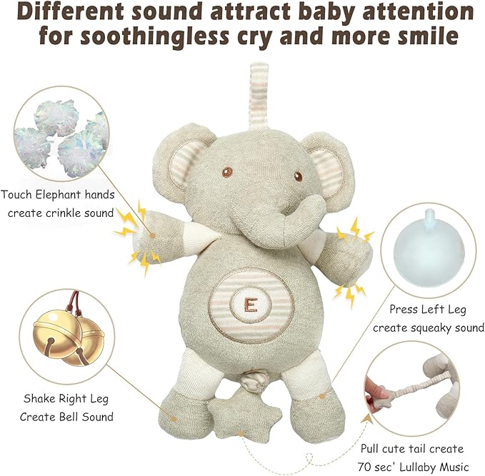 COTTONEBEBE Baby Toys, Stuffed Animal Toy with Lullaby Music for Infant Babies 0 3 6 12 to 36 Months Boy & Girl,Ideal Gift for Newborn (Little Elephant, Cotton)