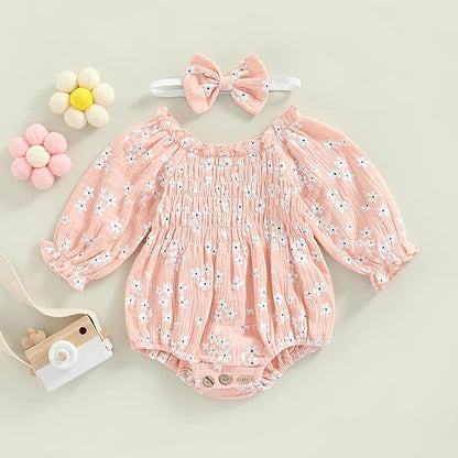 2pcs Infant Baby Girls Romper Dress Headband Long Sleeve Clothing Flowers Newborn Boho Girl Outfit Jumpsuit Clothes