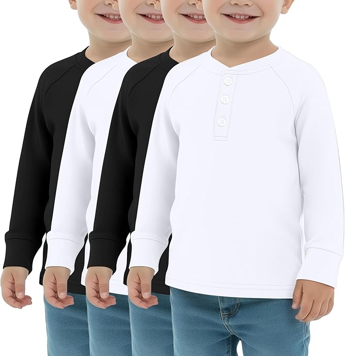 4 Pack Boys' Long Sleeve Shirts Girls' Henley Tees Toddler Baby Knit Casual Tops Kids Fall Clothes Unisex