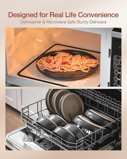 Famiware Milkyway Stoneware Dinnerware Sets with Mugs, Service for 4 (16 Pieces), Reactive Glaze Plates and Bowls Sets, Microwave and Dishwasher Safe Dishes Set, Matte Dark Charcoal