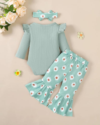 Jecson Newborn Baby Girl Clothes: Soft Cotton Infant Outfits Ruffles Sleeve Romper & Pants Set Cute Fall Home Outing 0-18M
