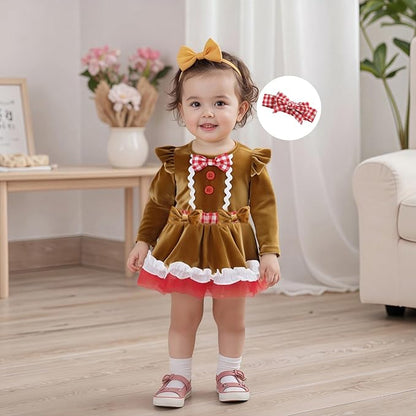 Newborn Christmas Outfit Baby Girl Plaid Romper Dress Infant Ruffle Long Sleeve Ribbed Bodysuit Headband Clothes