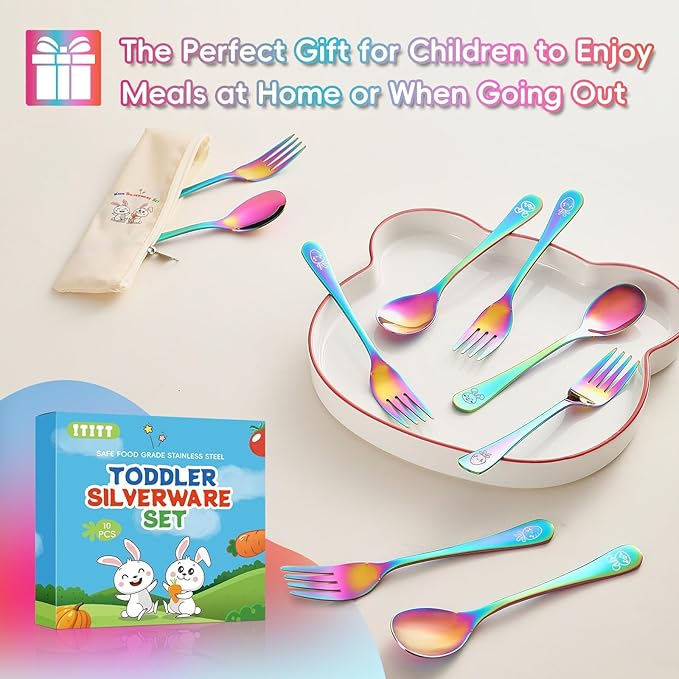 10 Pieces Stainless Steel Rainbow Toddler Utensils Set - Food Grade Kids Silverware Set Children Safe Small Forks and Spoons Mirror Polished Sturdy and Durable Dishwasher Safe