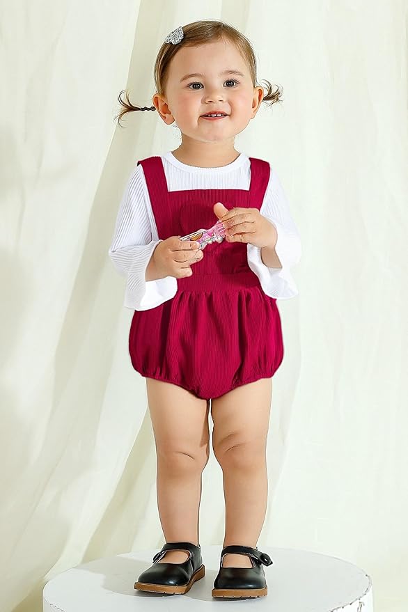 Tiny Cutey Newborn Baby Girl Clothes Bell Sleeve Romper and Corduroy Overalls Shorts Infant Girl Fall Outfits